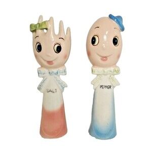 Vintage 60s Lefton Ceramic Anthropomorphic Mr Spoon & Mrs Fork Salt & Pepper  8"
